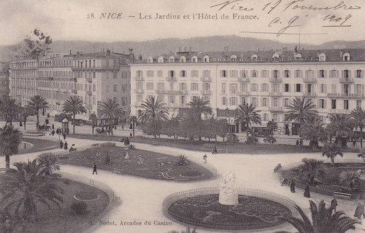 CPA NICE - LES JARDINS ET L'HOTEL DE FRANCE - 1909