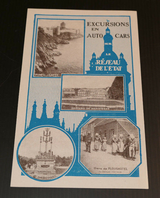 ANCIENNE PUBLICITE EXCURSIONS EN AUTOCARS SUR LE RESEAU DE L'ETAT CIRCA 1930