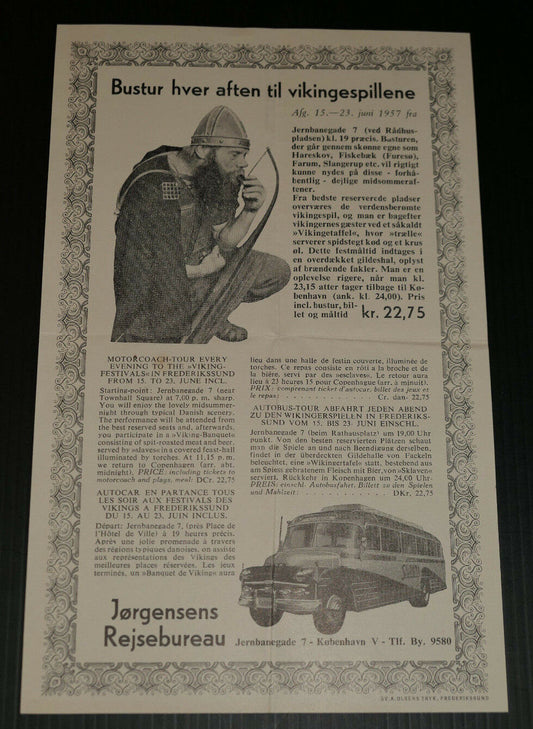 ANCIENNE PUBLICITE DANEMARK FESTIVALS DES VIKINGS 1957 AUTOCARS