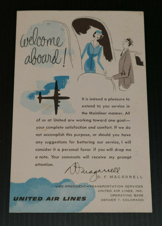 UNITED AIR LINES WELCOME ABOARD ! CIRCA 1950 AVION TRANSPORT