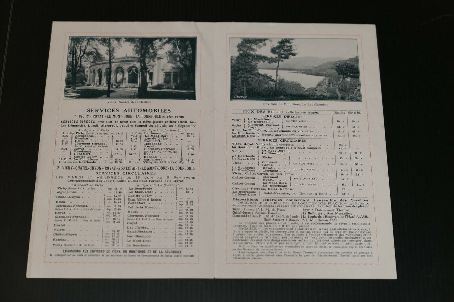 ANCIEN DEPLIANT TOURISTIQUE ROUTE THERMALE D'AUVERGNE SERVICES AUTOMOBILES 1924