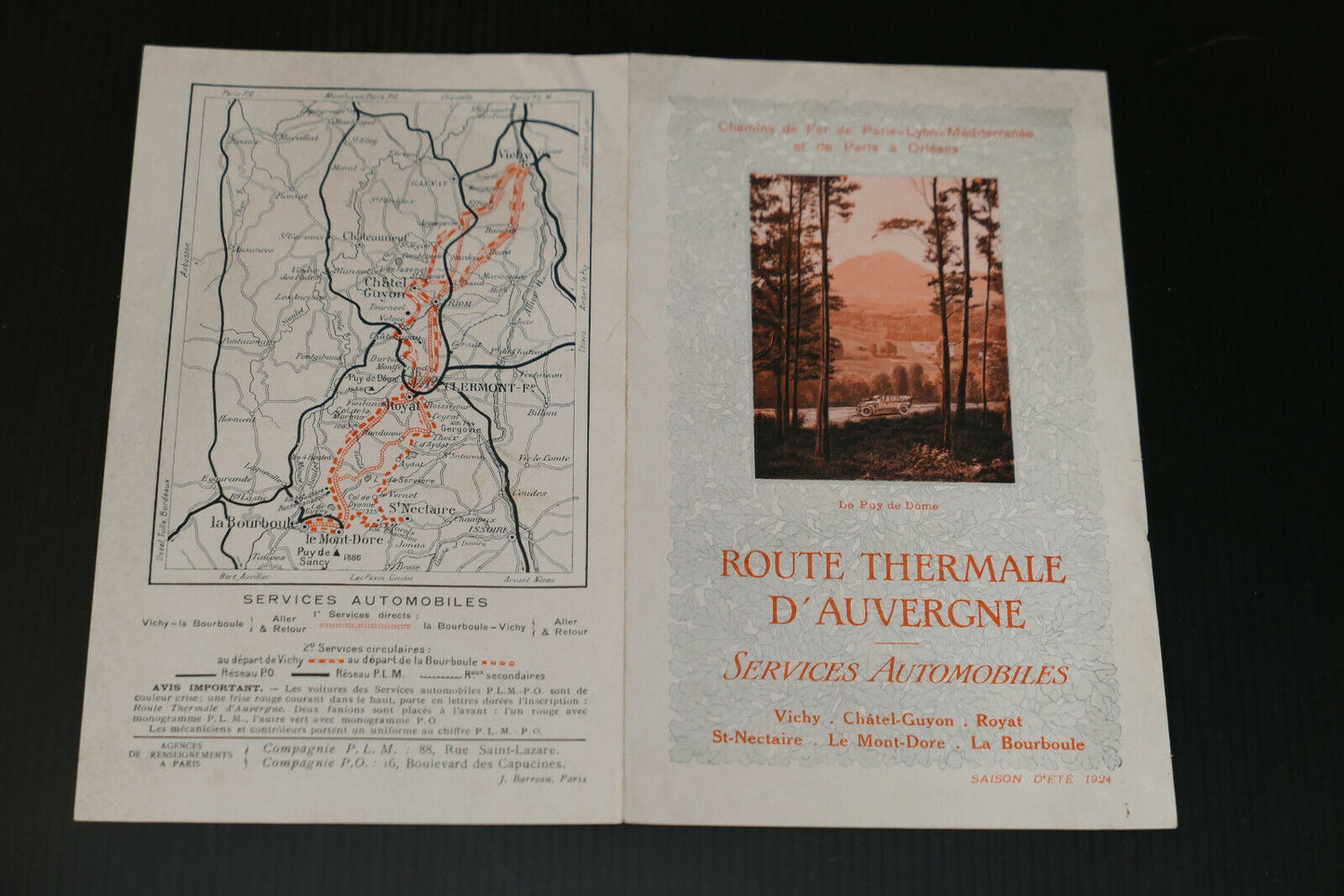 ANCIEN DEPLIANT TOURISTIQUE ROUTE THERMALE D'AUVERGNE SERVICES AUTOMOBILES 1924