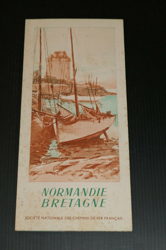 ANCIEN DEPLIANT TOURISTIQUE PUBLICITE VOYAGE TRAIN SNCF NORMANDIE BRETAGNE 1948