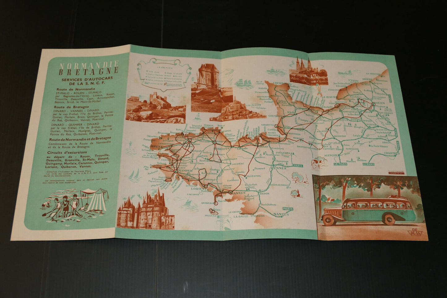 ANCIEN DEPLIANT TOURISTIQUE PUBLICITE VOYAGE TRAIN SNCF NORMANDIE BRETAGNE 1948