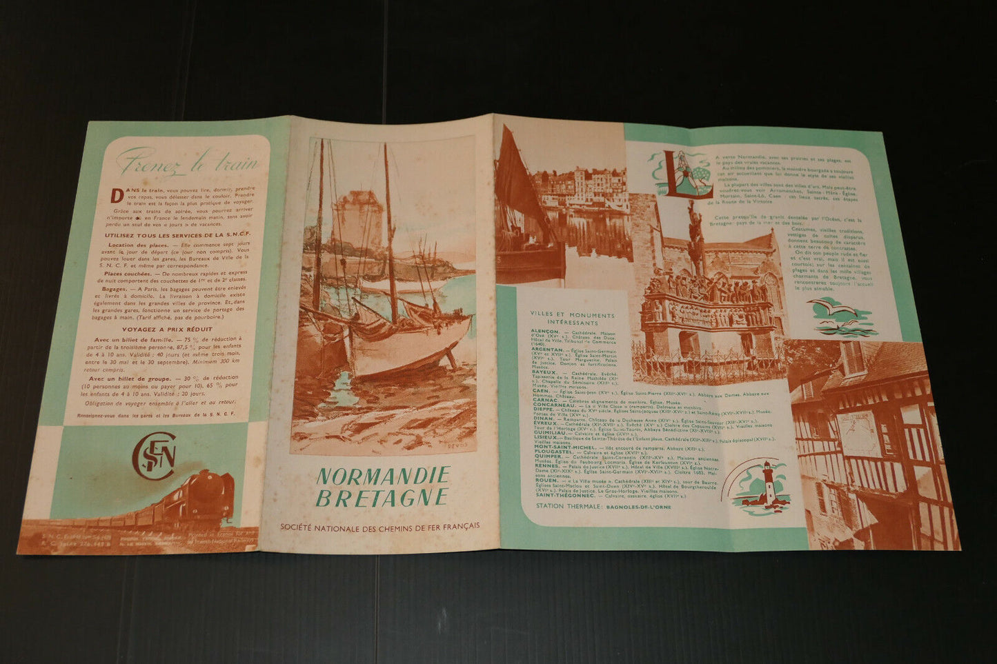 ANCIEN DEPLIANT TOURISTIQUE PUBLICITE VOYAGE TRAIN SNCF NORMANDIE BRETAGNE 1948