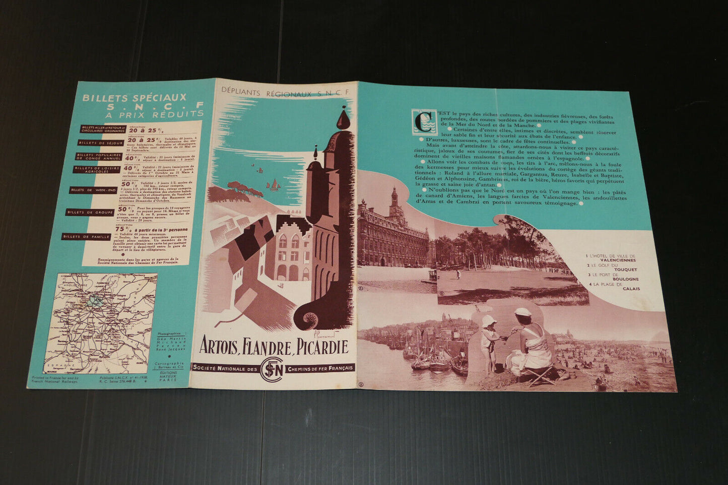 ANCIEN DEPLIANT TOURISTIQUE VOYAGE TRAIN SNCF ARTOIS FLANDRE PICARDIE 1938
