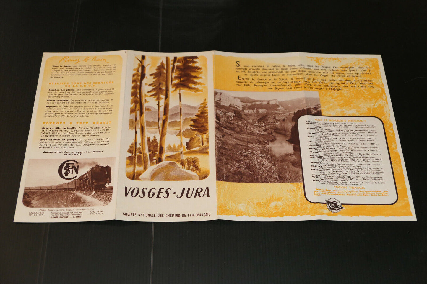 ANCIEN DEPLIANT TOURISTIQUE TOURISME VOYAGE TRAIN SNCF VOSGES JURA 1948
