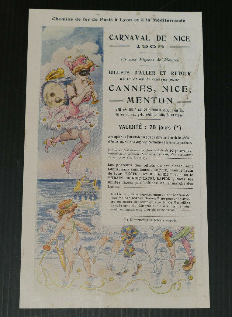 CARNAVAL DE NICE 1909 ANCIENNE PUBLICITE TRAIN CHEMINS DE FER PLM TARIFS BILLETS