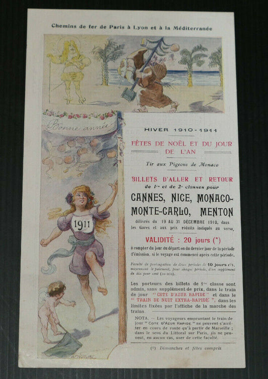 HIVER 1910 1911 NICE ANCIENNE PUBLICITE TRAIN CHEMINS DE FER PLM TARIFS BILLETS