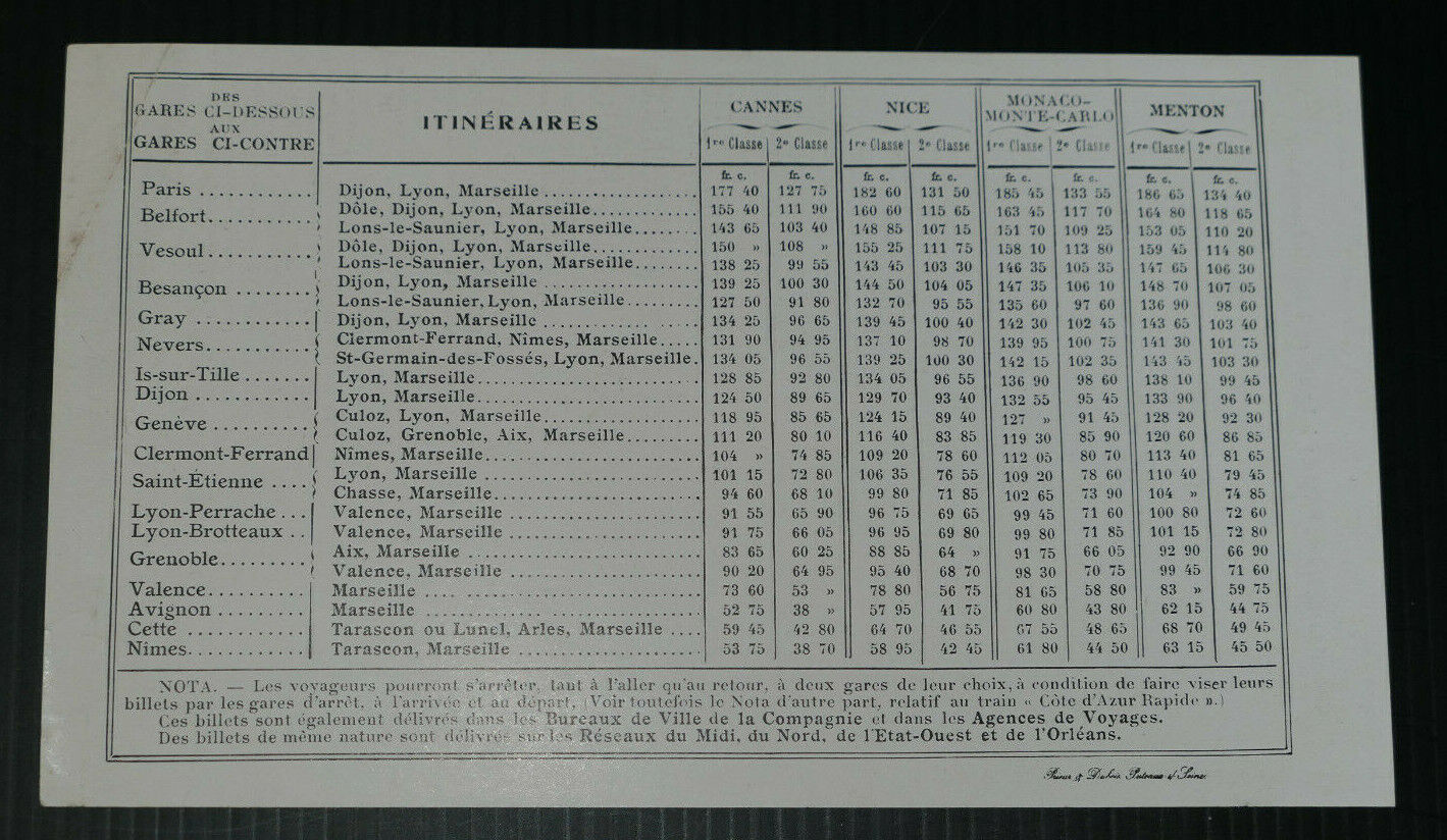 HIVER 1910 1911 NICE ANCIENNE PUBLICITE TRAIN CHEMINS DE FER PLM TARIFS BILLETS