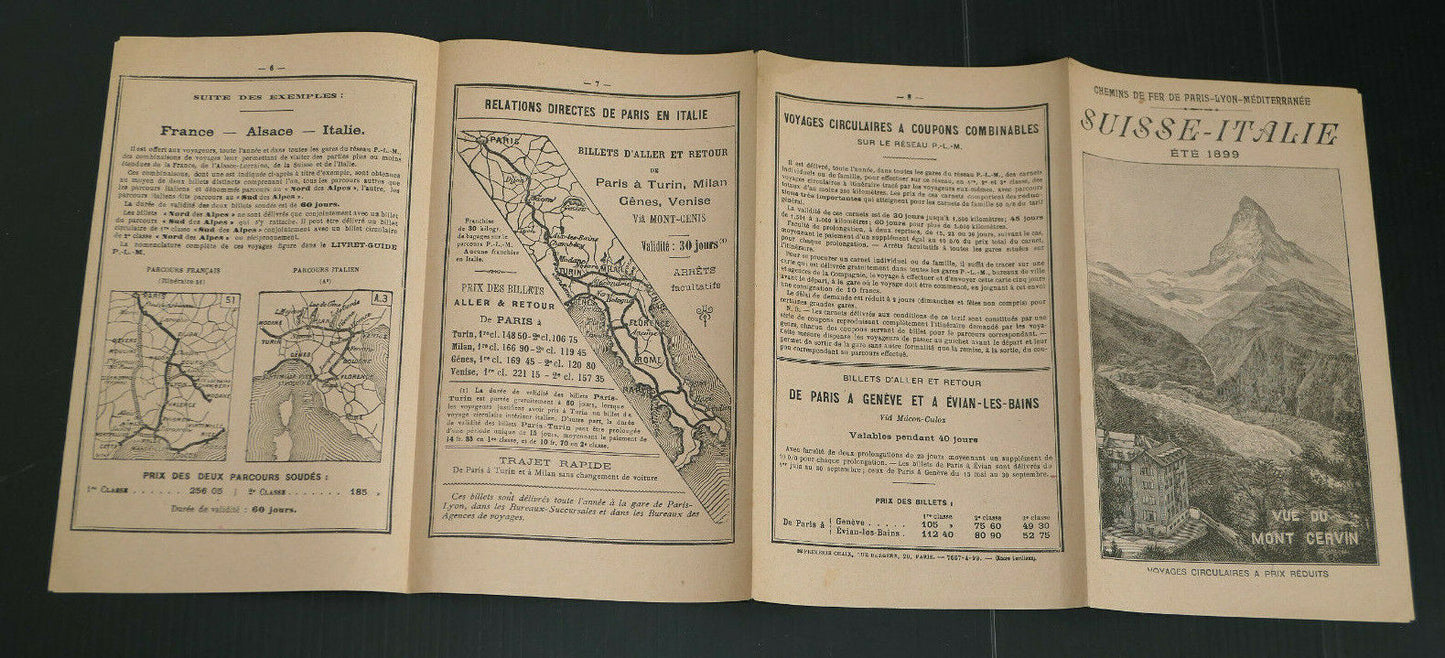 ANCIEN DEPLIANT TOURISME CHEMINS DE FER PLM SUISSE ITALIE ETE 1899 MONT CERVIN