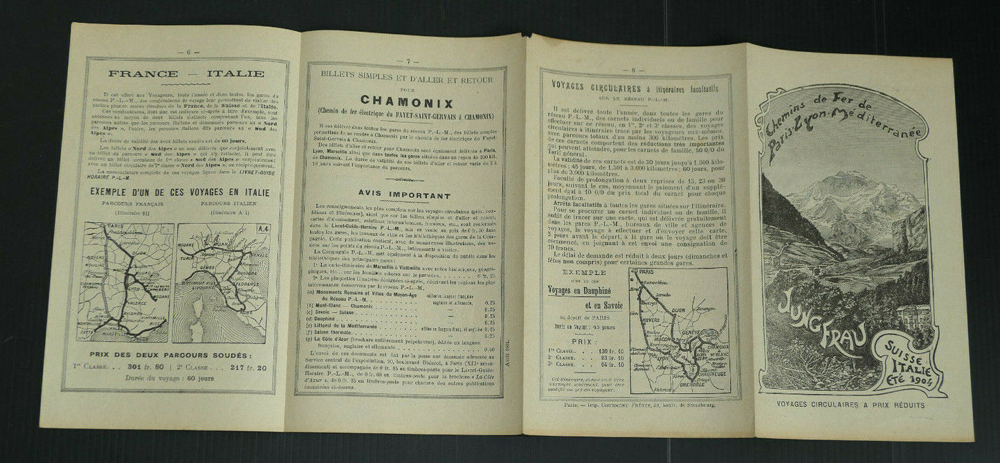 ANCIEN DEPLIANT TOURISME CHEMINS DE FER PLM JUNGFRAU SUISSE ITALIE ETE 1904