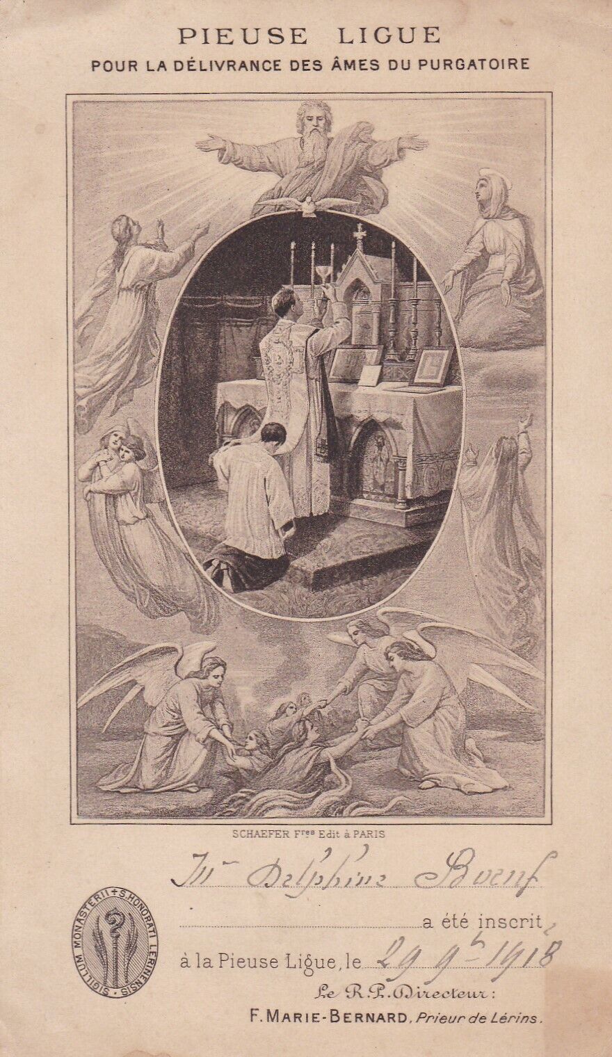 ANCIENNE IMAGE PIEUSE HOLY CARD PIEUSE LIGUE 1918 SCHAEFER FRERES