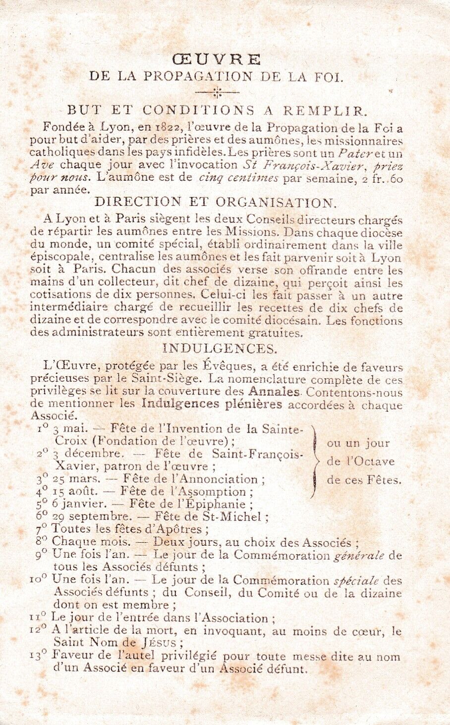 ANCIENNE IMAGE PIEUSE HOLY CARD OEUVRE DE LA PROPAGATION DE LA FOI
