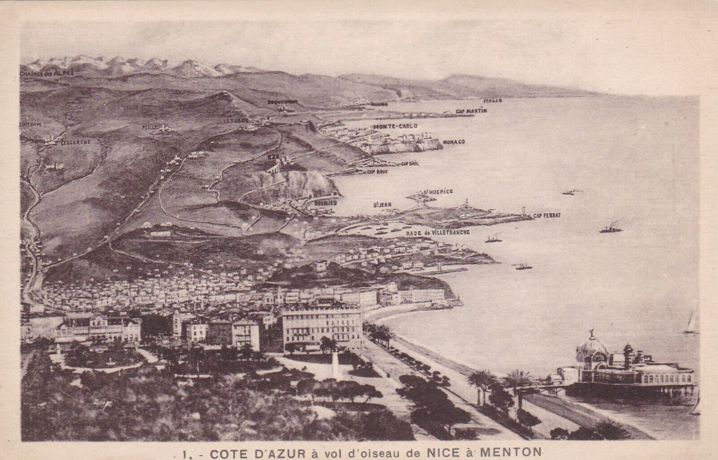 CARTE POSTALE ANCIENNE CPA COTE D'AZUR A VOL D'OISEAU DE NICE A MENTON