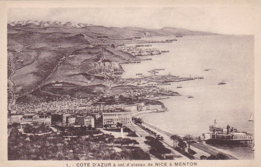 CARTE POSTALE ANCIENNE CPA COTE D'AZUR A VOL D'OISEAU DE NICE A MENTON