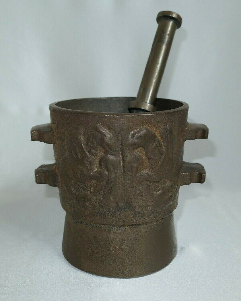OLD CAST IRON MORTAR AND PESTLE WITH GRIFFON DECOR APOTHECARY PHARMACY
