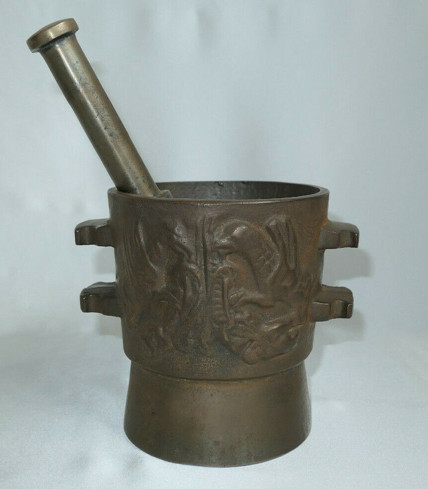OLD CAST IRON MORTAR AND PESTLE WITH GRIFFON DECOR APOTHECARY PHARMACY