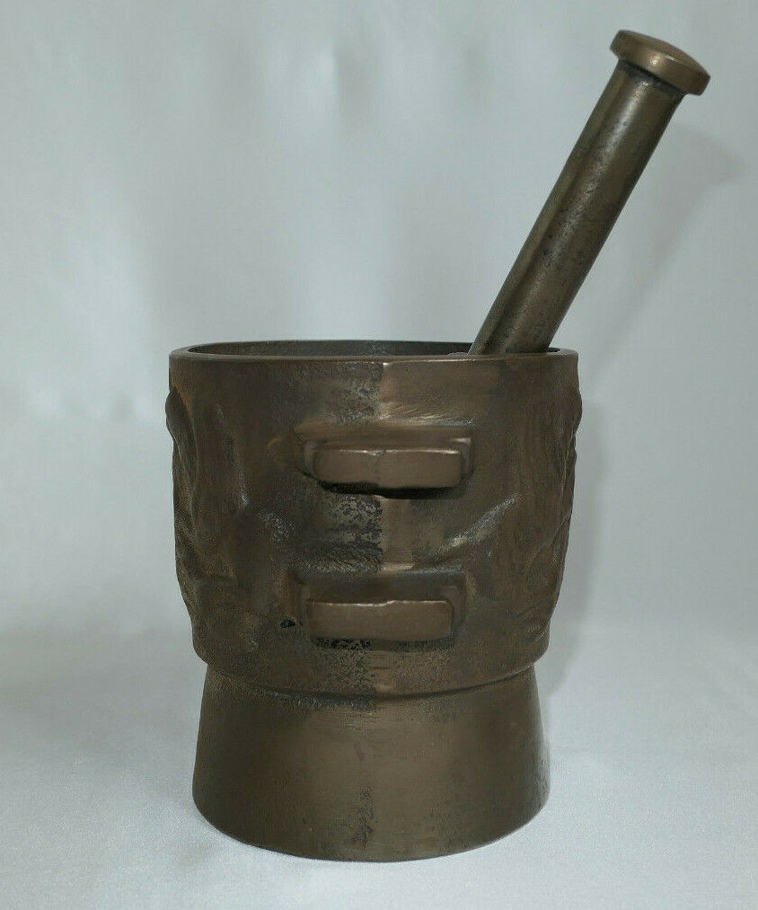 OLD CAST IRON MORTAR AND PESTLE WITH GRIFFON DECOR APOTHECARY PHARMACY