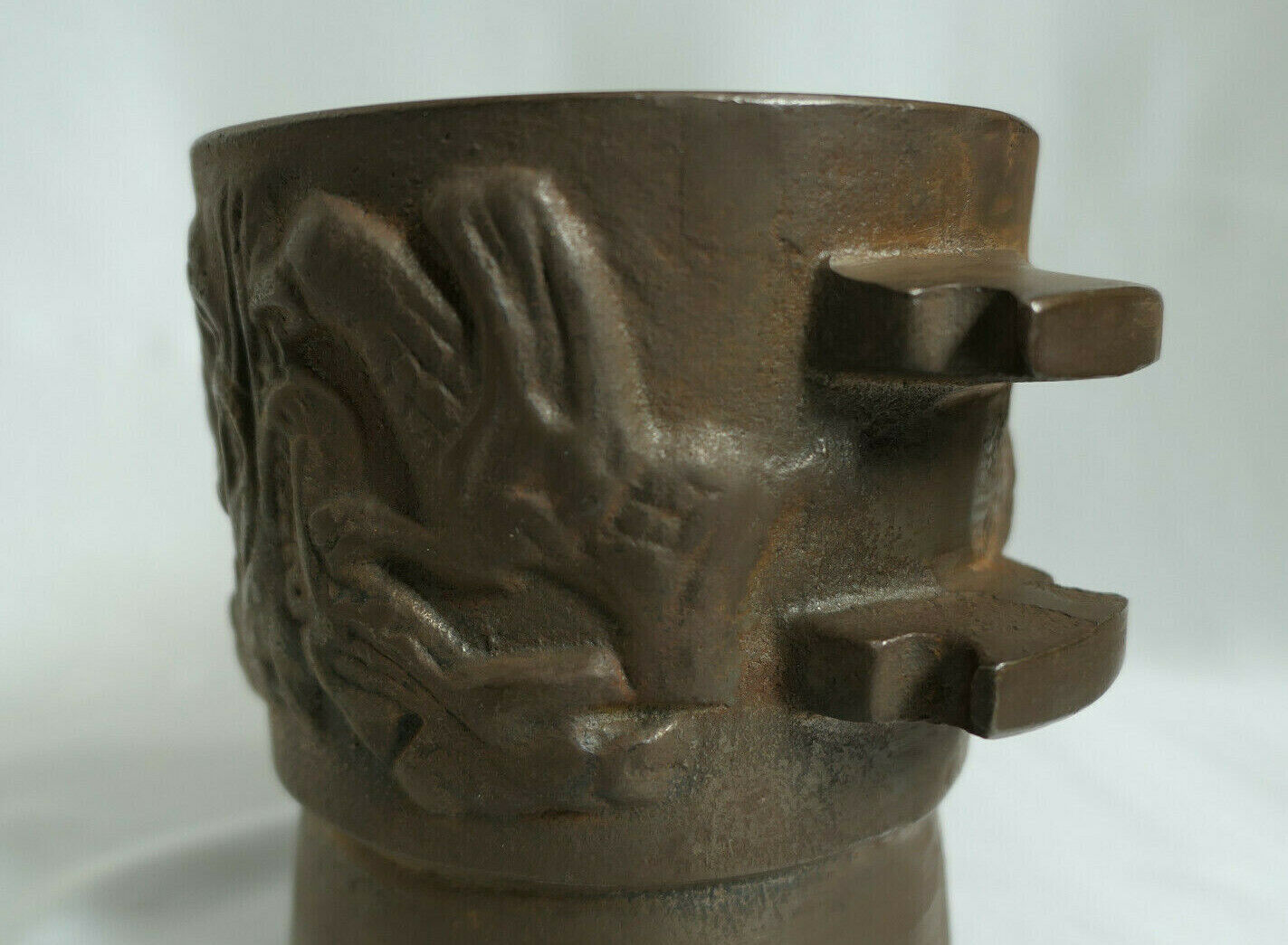 OLD CAST IRON MORTAR AND PESTLE WITH GRIFFON DECOR APOTHECARY PHARMACY