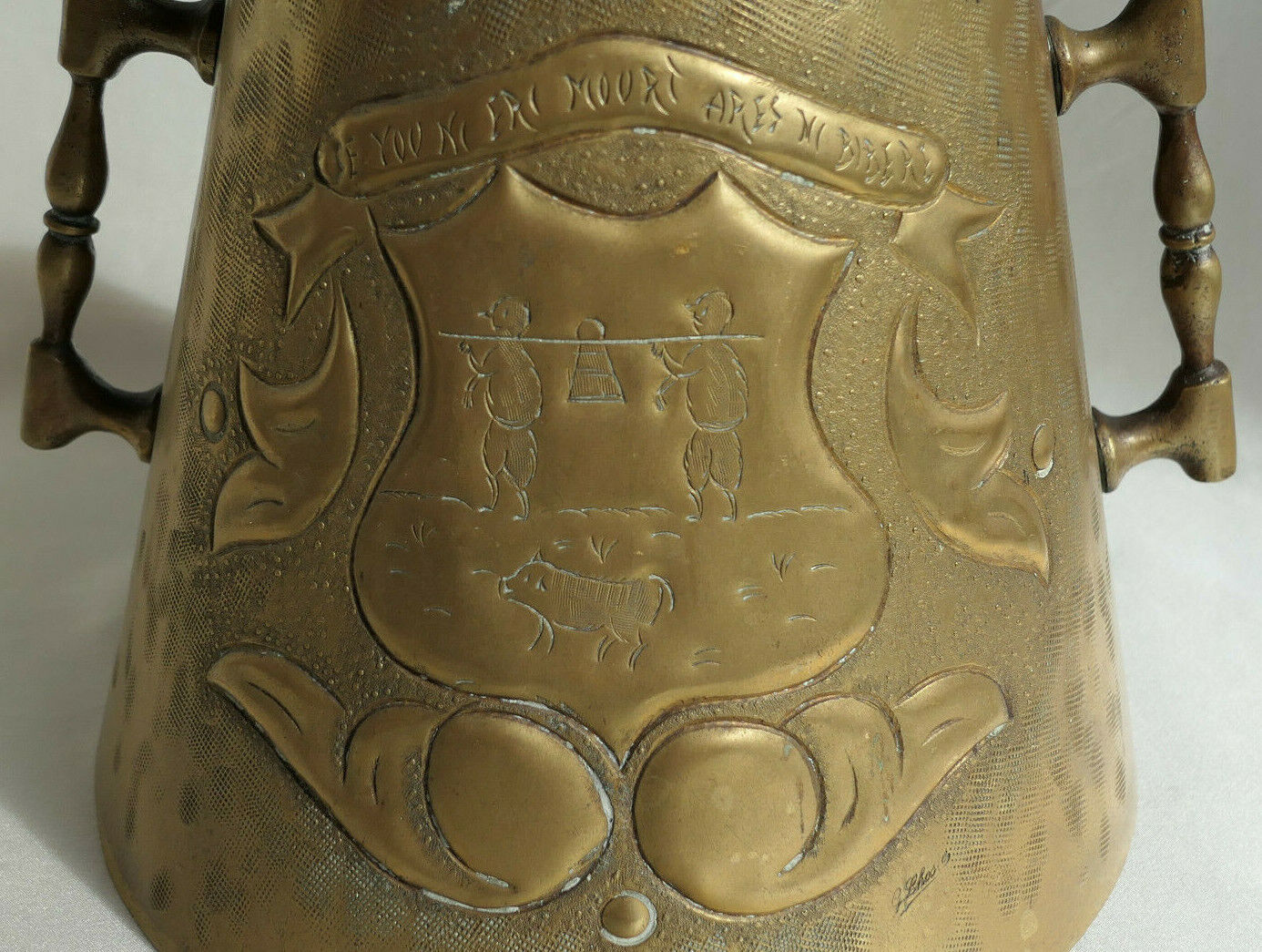 Antique Repoussé Chiselled Brass Pot with SALIES DE BEARN MOTTO, Wild Boar, Circa 1930