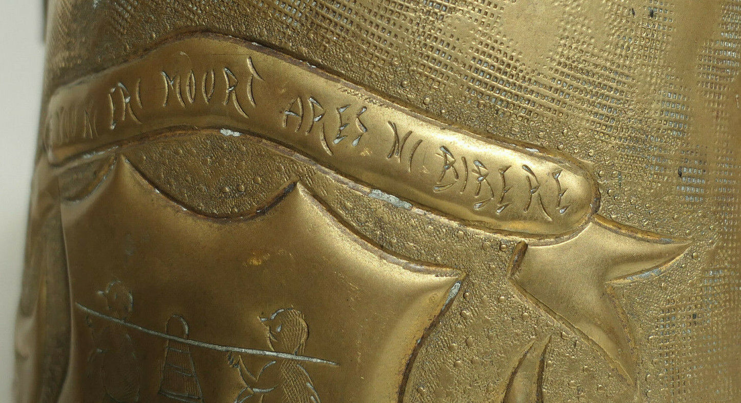 Antique Repoussé Chiselled Brass Pot with SALIES DE BEARN MOTTO, Wild Boar, Circa 1930