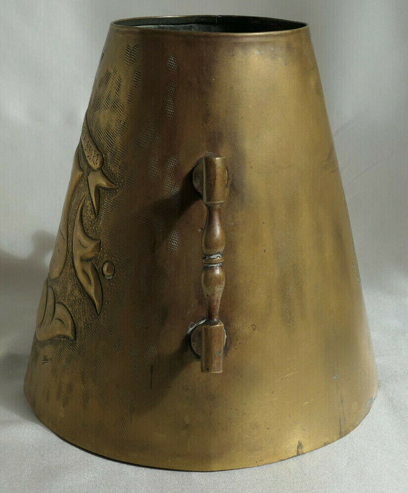 Antique Repoussé Chiselled Brass Pot with SALIES DE BEARN MOTTO, Wild Boar, Circa 1930