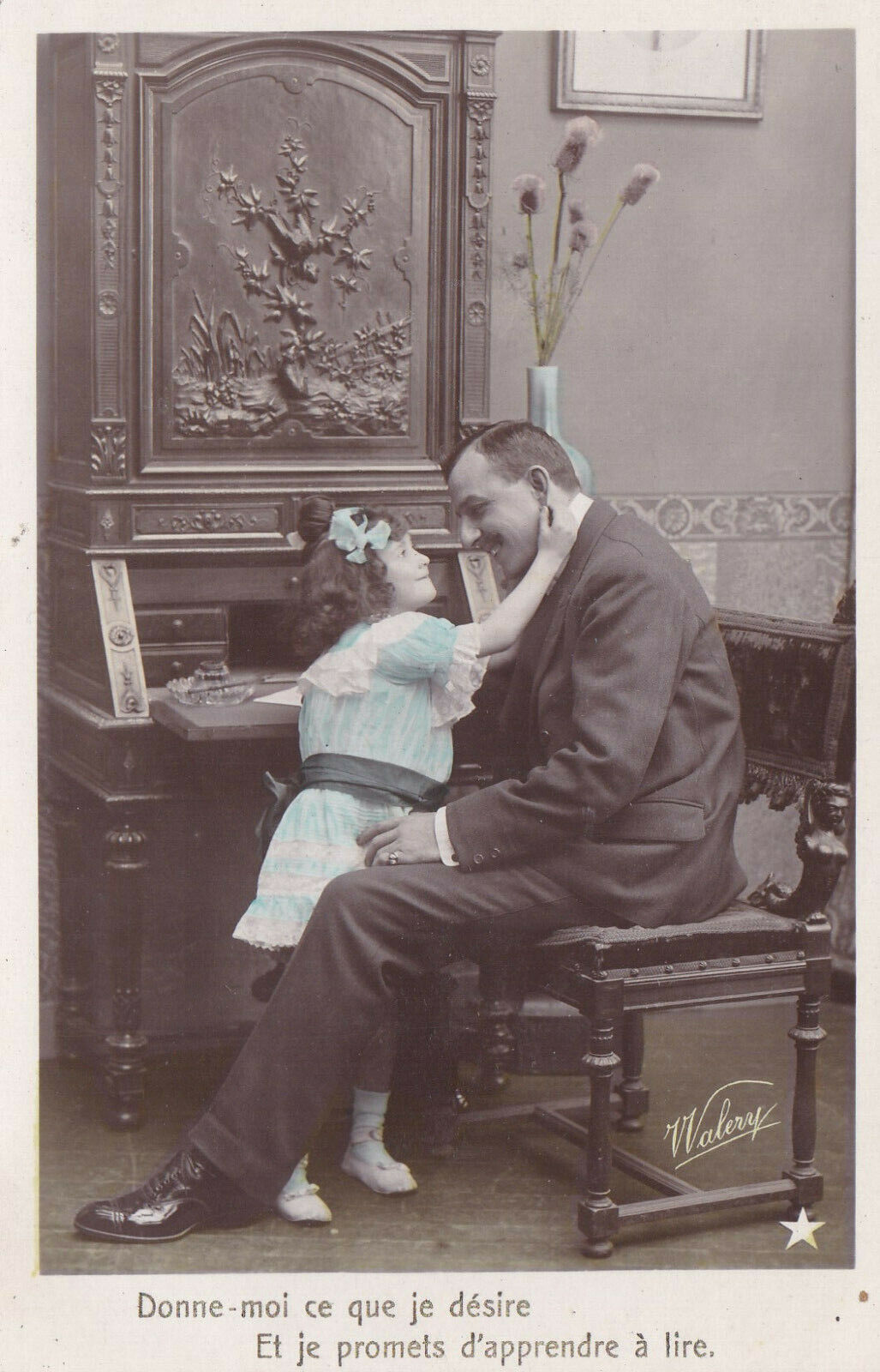 SERIES OF 4 OLD POSTCARDS CPA FANTASY YOUNG GIRL AND HER DAD 