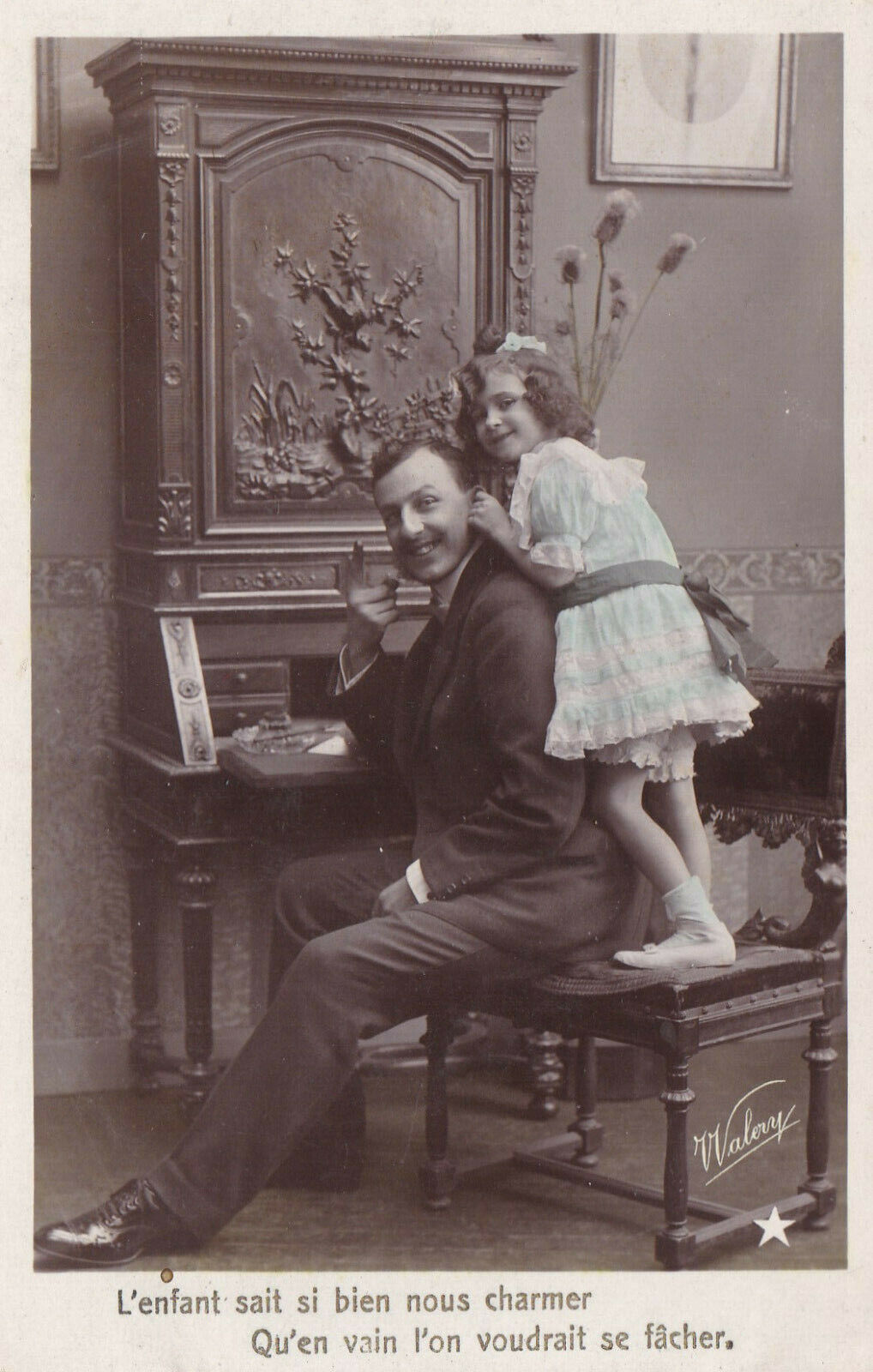 SERIES OF 4 OLD POSTCARDS CPA FANTASY YOUNG GIRL AND HER DAD 