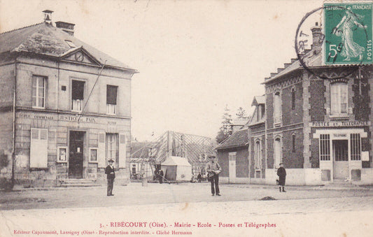 OLD POSTCARD CPA RIBECOURT TOWN HALL SCHOOL POSTS AND TELEGRAPHS 1908 