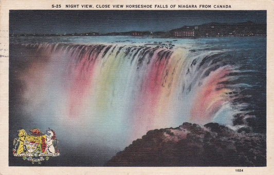 OLD POSTCARD CPA NIGHT VIEW... FALLS OF NIAGARA FROM CANADA (1939) 