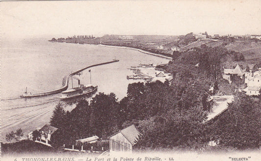 CPA CARTE POSTALE ANCIENNE THONON-LES-BAINS LE PORT ET LA POINTE DE RIPAILLE