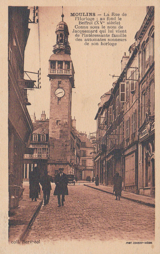 OLD POSTCARD CPA MOULINS CLOCK STREET (1932) 