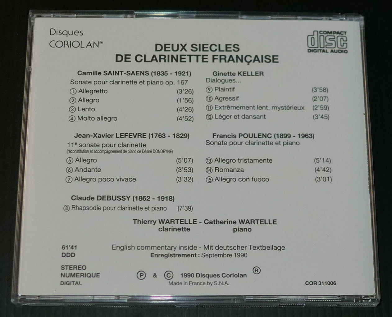 CD CATHERINE & THIERRY WARTELLE / DEUX SIECLES DE CLARINETTE FRANCAISE / 1990