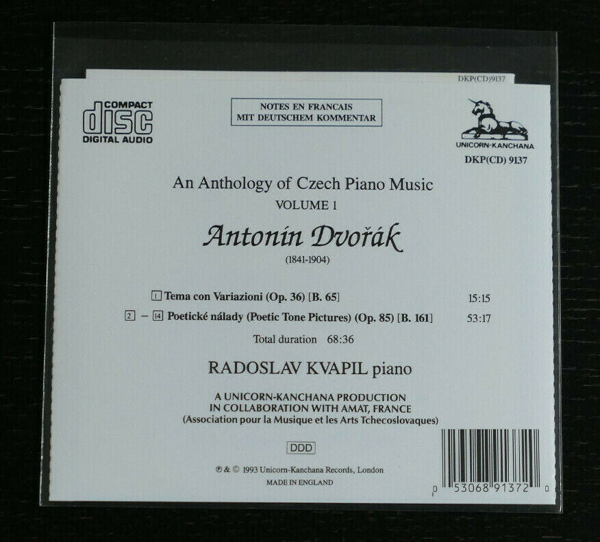 CD ANTONIN DVORAK / RADOSLAV KVAPIL / UNICORN-KANCHANA UK 1993 CZECH PIANO MUSIC
