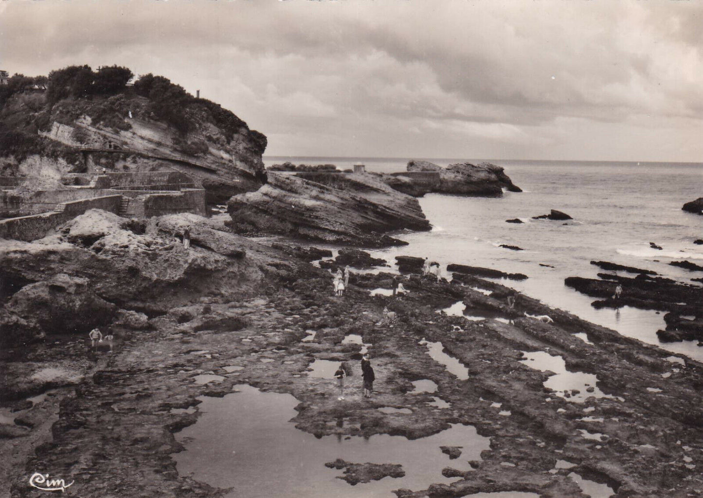 CPSM BLACK &amp; WHITE POSTCARD BIARRITZ THE FISHERMEN'S PORT AT LOW TIDE 