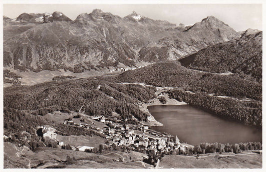 CPSM BLACK AND WHITE POSTCARD / ST MORITZ MIT PIZ LANGUARD 