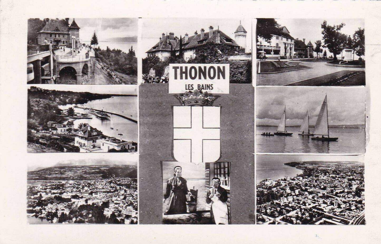 CPSM BLACK AND WHITE POSTCARD / SOUVENIR FROM THONON-LES-BAINS (1957) 