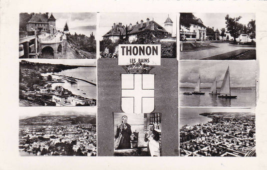 CPSM BLACK AND WHITE POSTCARD / SOUVENIR FROM THONON-LES-BAINS (1957) 