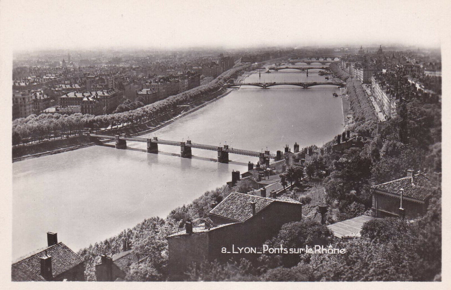OLD BLACK AND WHITE POSTCARD / LYON BRIDGES ON THE RHONE 
