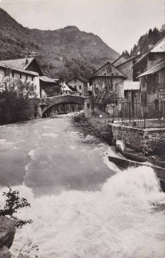CPSM BLACK &amp; WHITE POSTCARD / TANINGES LE VIEUX PONT 