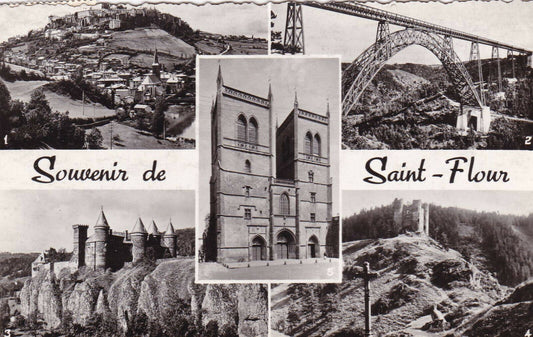 CARTE POSTALE CPSM NOIR & BLANC / SOUVENIR DE SAINT-FLOUR MULTIVUE (1958)