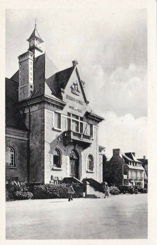 CPSM BLACK &amp; WHITE POSTCARD / PERROS-GUIREC TOWN HALL 