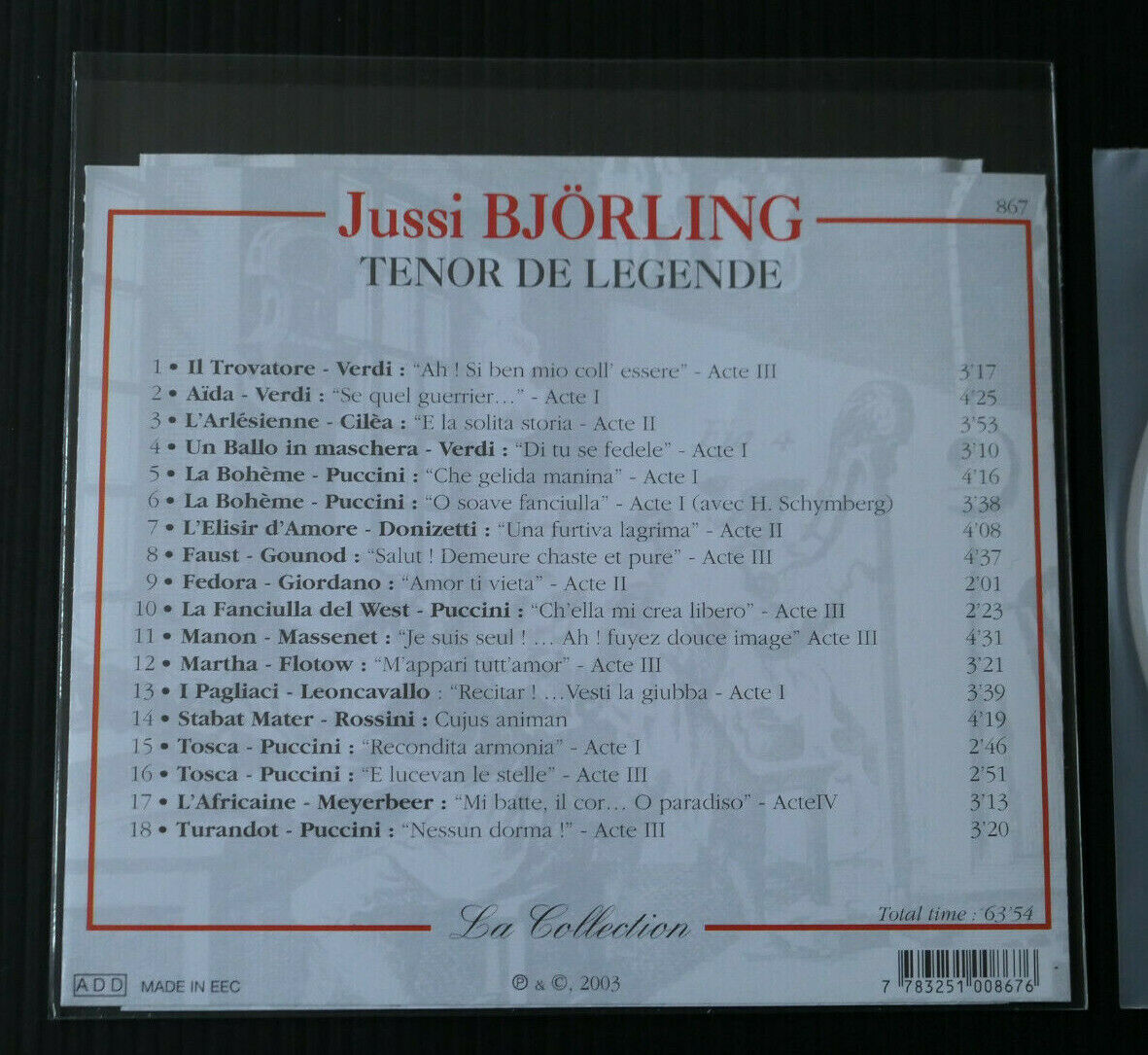 CD JUSSI BJORLING / TENOR DE LEGENDE / COMPILATION 18 TITRES / 2003