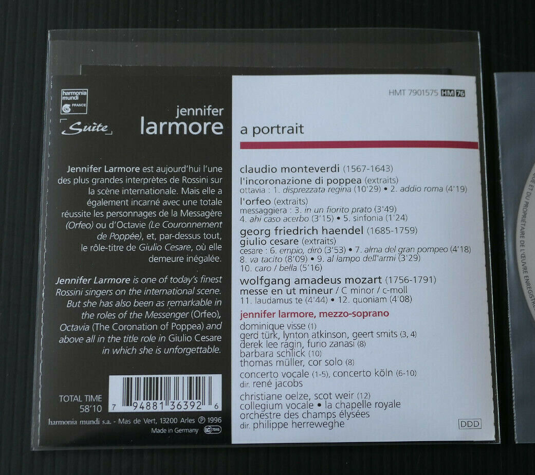 CD JENNIFER LARMORE A PORTRAIT / MONTEVERDI HANDEL MOZART / HARMONIA MUNDI 1996