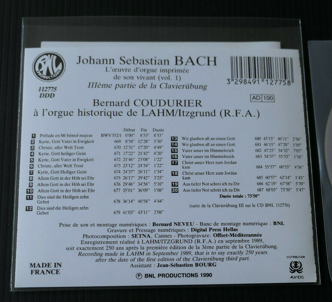 CD BERNARD COUDURIER / BACH / ORGUE LAHM/ITZGRUND / BNL 1990 / VOLUME 1