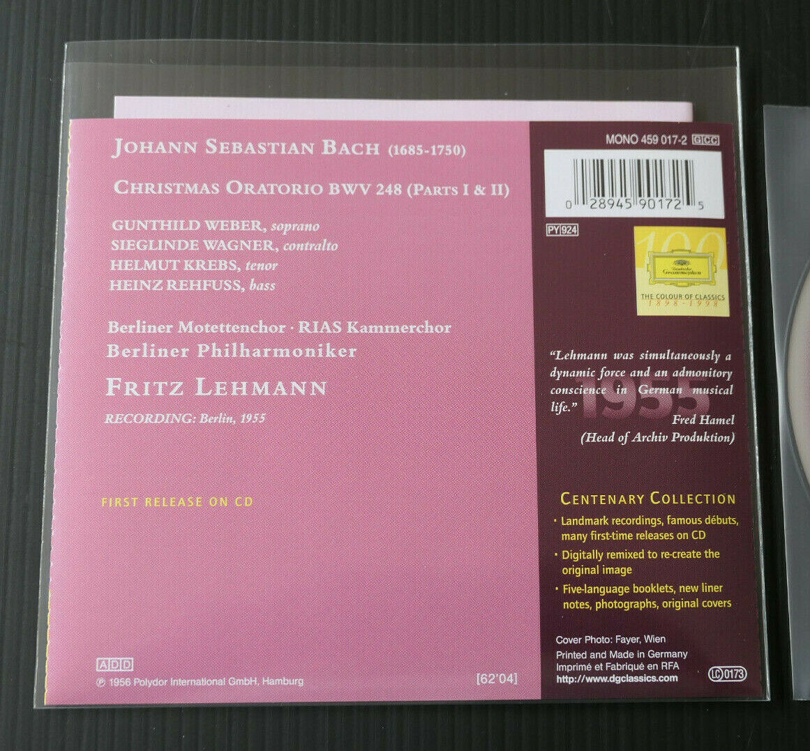 CD 1955 FRITZ LEHMANN / BACH / CHRISTMAS ORATORIO PARTS I & II / DG CENTENARY