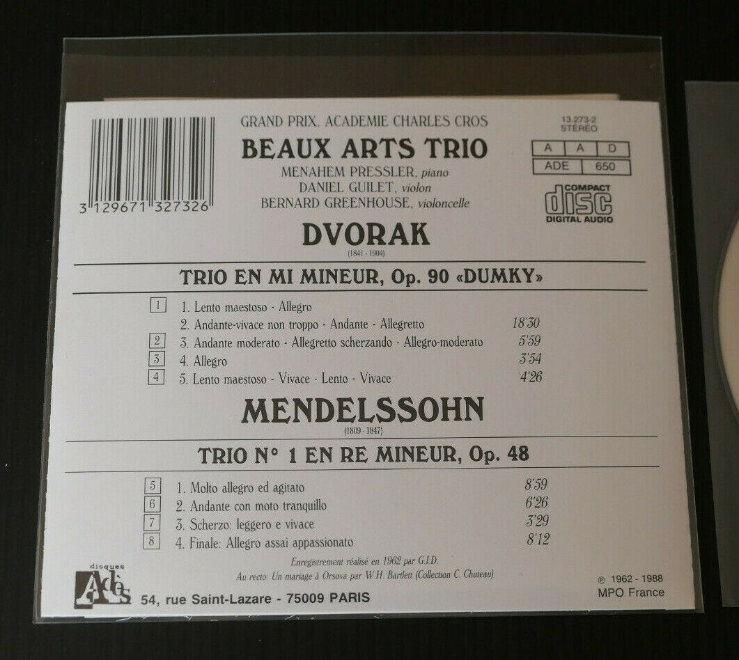 CD DVORAK / MENDELSSOHN / BEAUX ARTS TRIO / ADES 1988