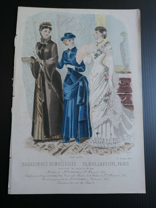 MAGASIN DES DEMOISELLES FRENCH MODE ENGRAVING HAND COLOURED 1883