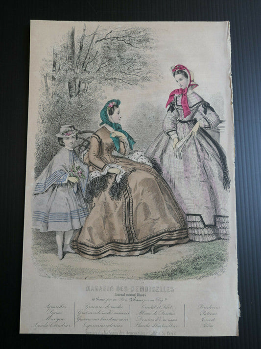 MAGASIN DES DEMOISELLES / 1863 / FRENCH MODE ENGRAVING HAND COLOURED